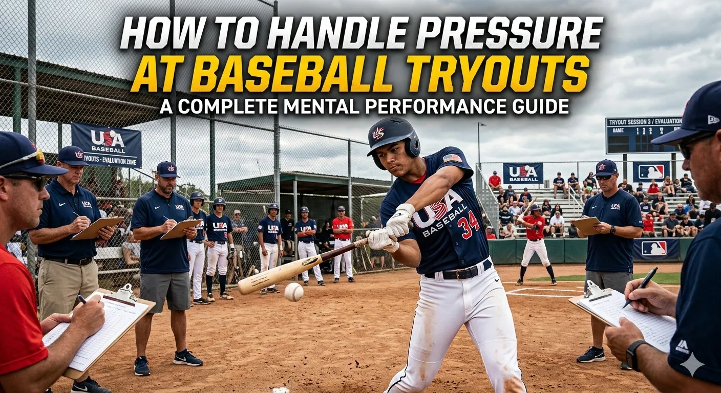 Picture of USA baseball kids at a baseball diamond with the words "How to handle the pressure of baseball tryouts"