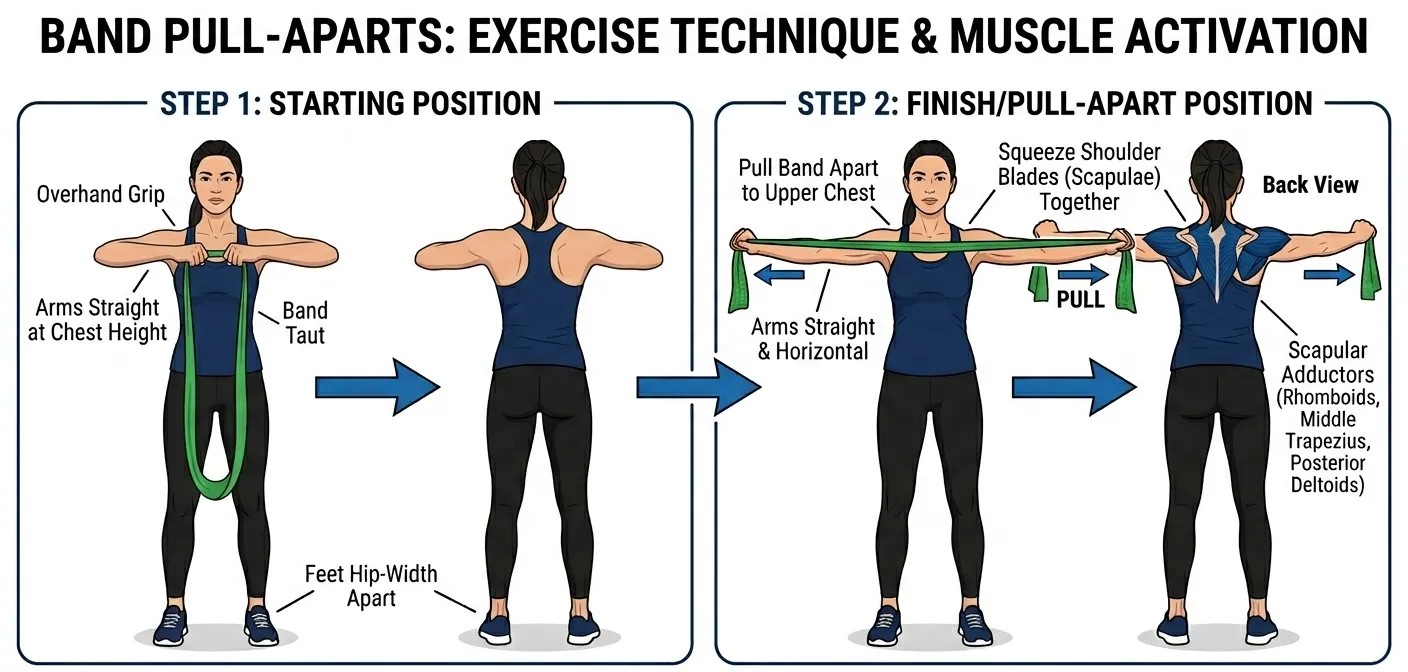 Diagram showing how to do pull-aparts with exercise bands. Woman standing up with bands in both hands with hands together. Then pulls the arms away from one another.