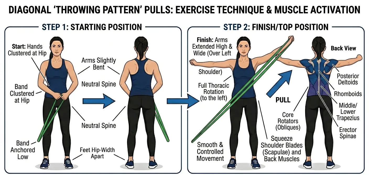 Diagram showing how to do the diagonal throwing workout routine with exercise bands. Woman standing holding band at hip then another image of a woman standing holding the band high above her head