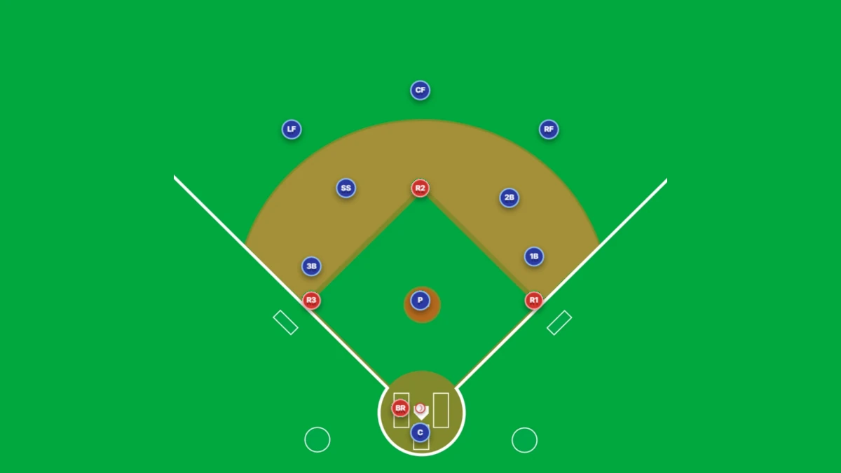 2d baseball play simulator with arrows indicating where everyone should go on a ball hit to shallow left field.